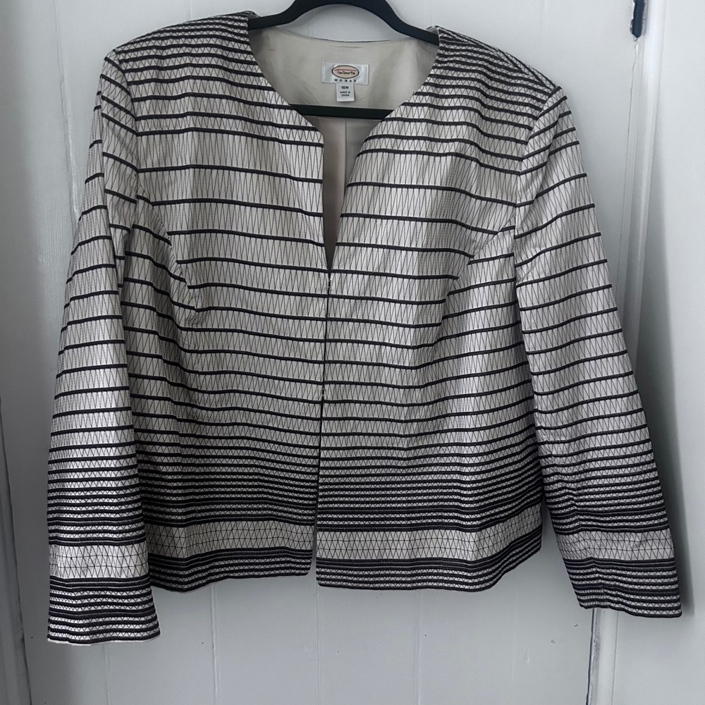 Talbots Woman 16W Cotton Embroidered Stripe Collarless Open Front Jacket Cream